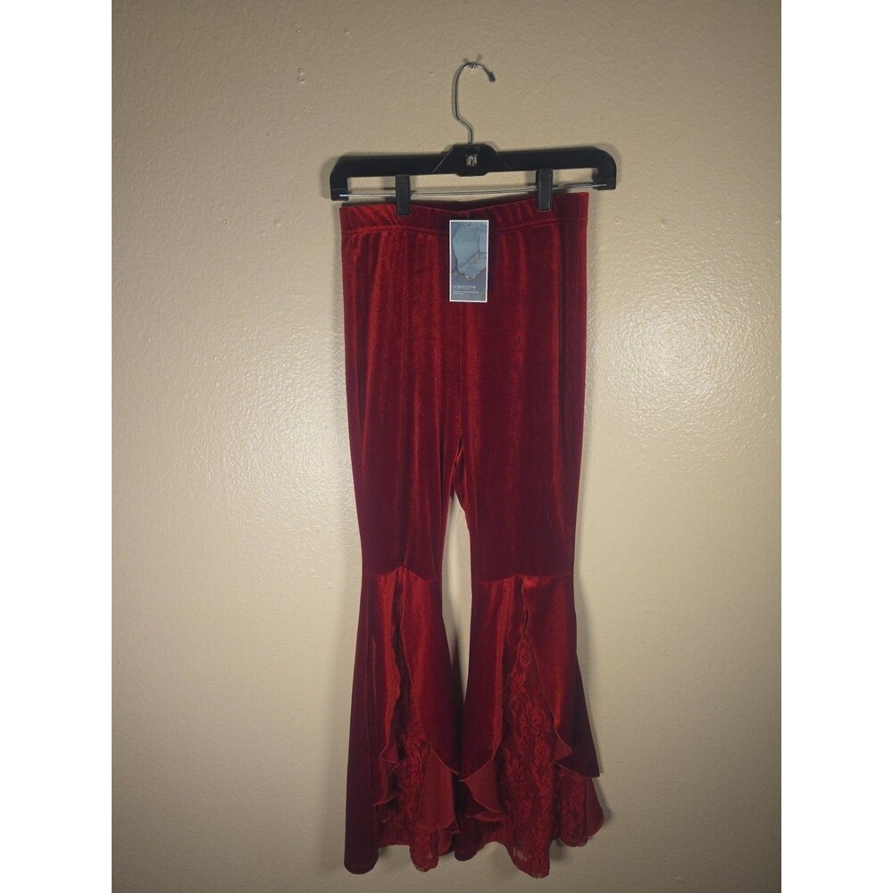 NWT Gorglitter Red Velvet Lace Flare Pants Size S Gothic Y2K Bell Bottoms